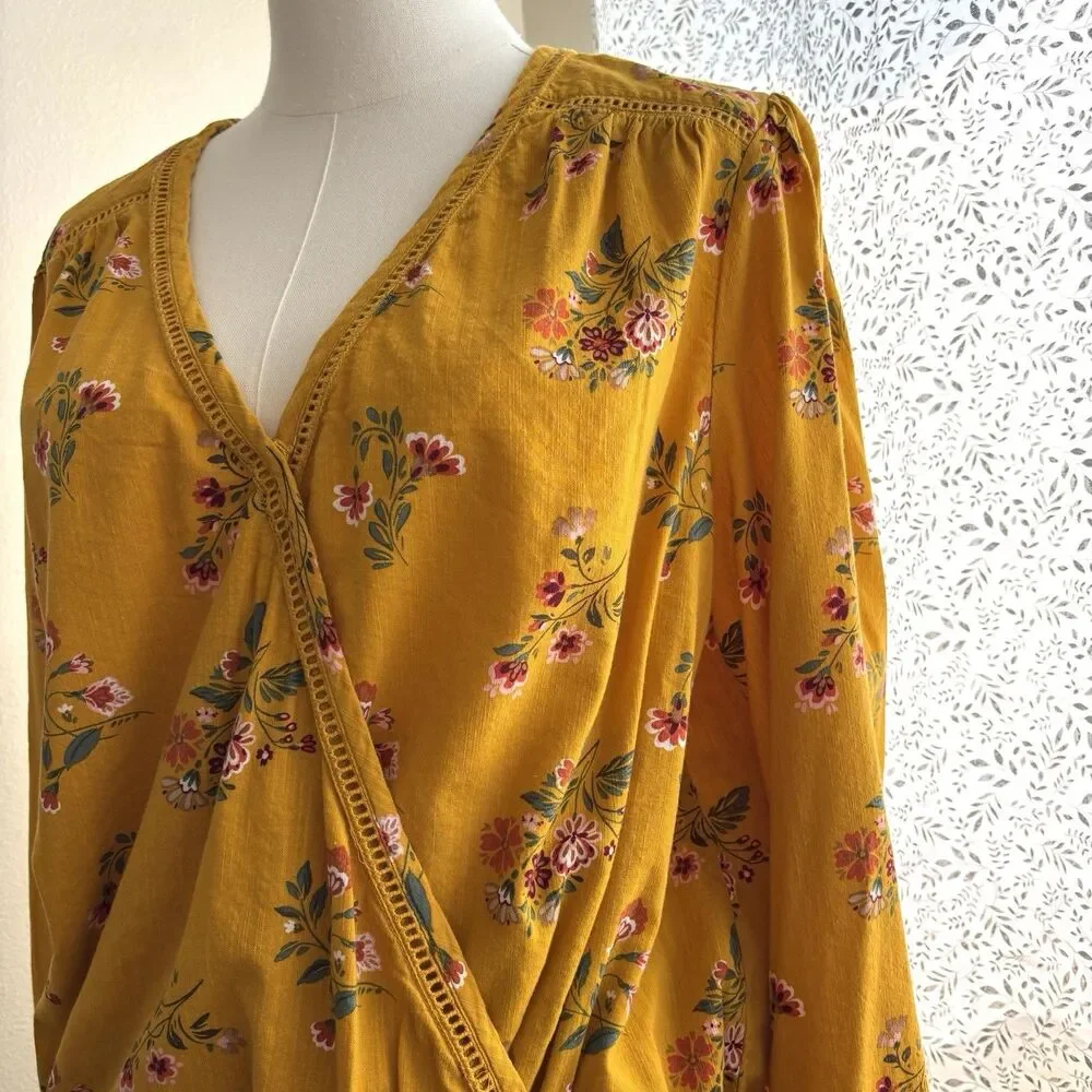 St Johns Bay Womens L Mustard Floral Blouse Surplice Smocked Hem Long Sleeve